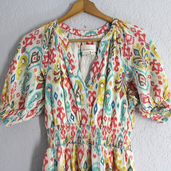 By Anthropologie Felipa Dress Ikat Midi Multicolored smocked waist XS Petite - Picture 4 of 11